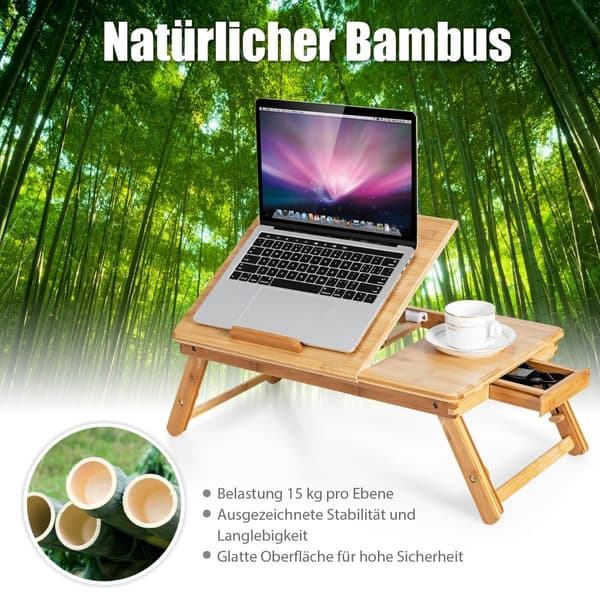 Justerbart laptopbord i bambus med vippeplate, sammenleggbart