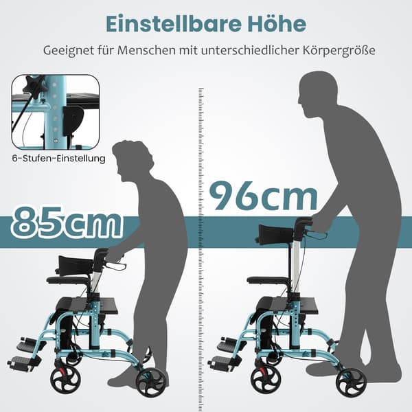 2-i-1 Rollator Gåstol & Transportstol, Blå, Sammenklappelig