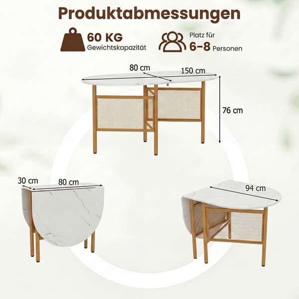 Sammenleggbart spisebord for 6-8, plassbesparende, hvit/gull