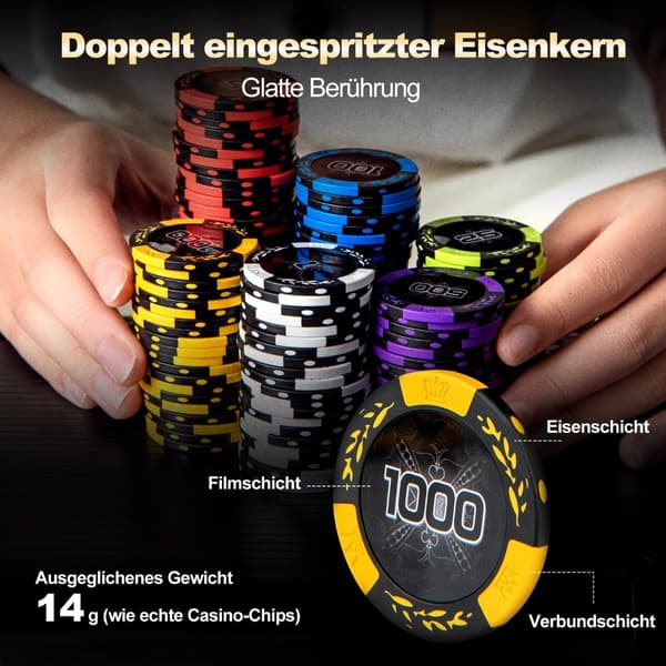 500-delt pokersæt med laserchips, kort, terninger og etui