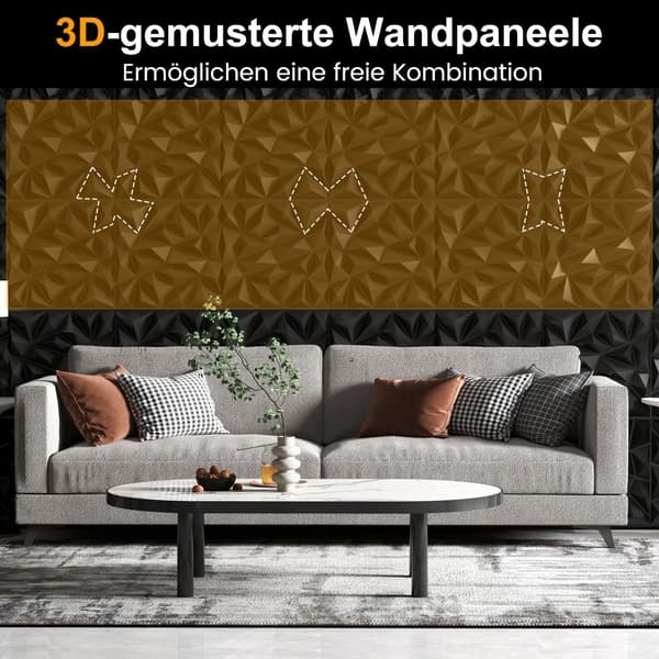 3D-vægpaneler, diamantmønster, sort, 10 m² dækning
