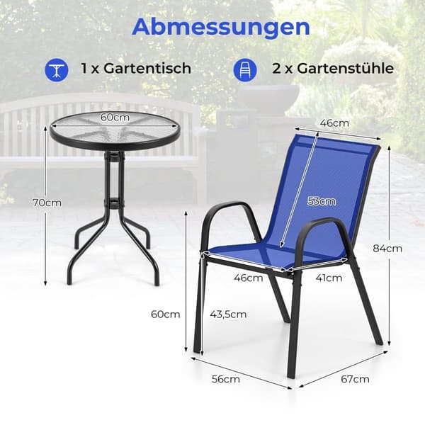 3-delt utendørs bistrosett med stabelbare stoler, blå