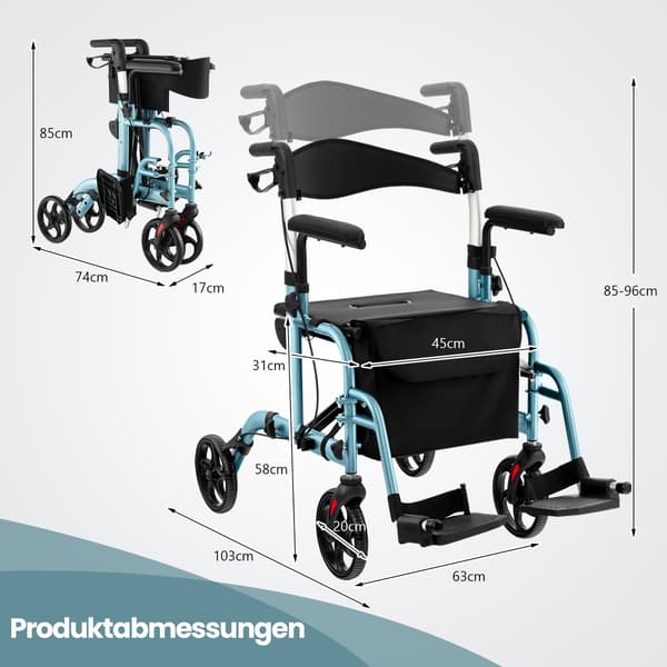 2-i-1 Rollator Gåstol & Transportstol, Blå, Sammenklappelig