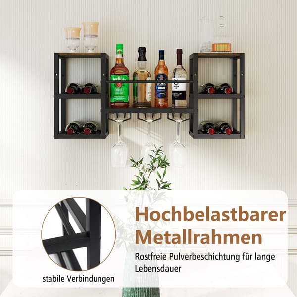 Väggmonterat vinställ med glashållare, 8 flaskor, rustik brun