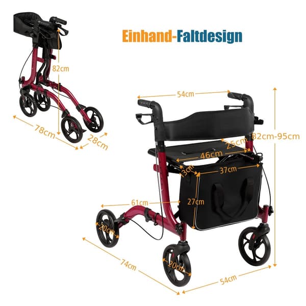 Letvægts foldbar rollator, justerbar højde, rød