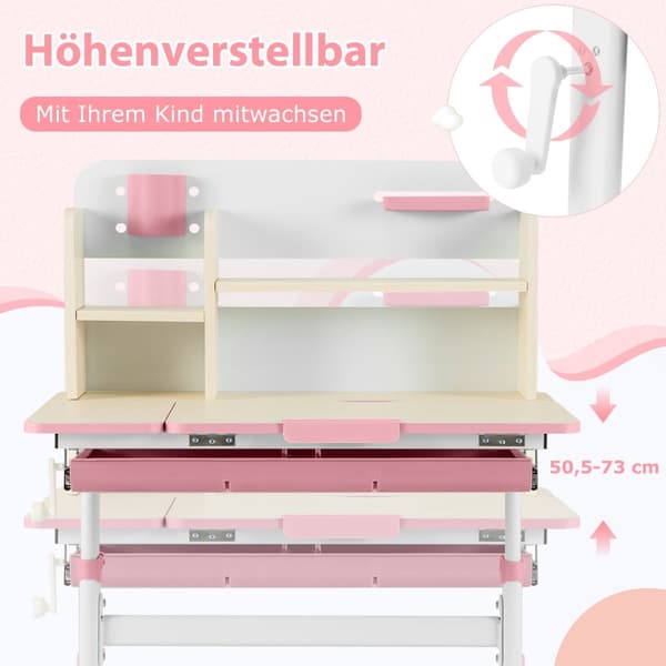 Justerbart børnebord med vippeplade, hylder og skuffe