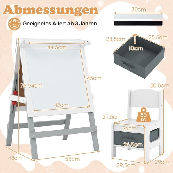 Justerbart barnstaffili med griffeltavla och whiteboard, grå