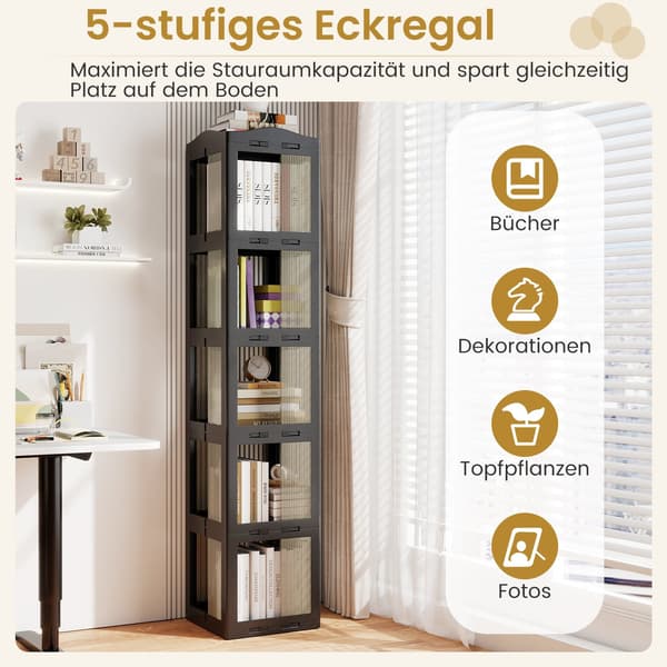 360 grader roterende bogreol, foldbar, transparent, sort, 174 cm