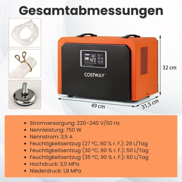 60L/dag industriel affugter med afløbsslange og timer