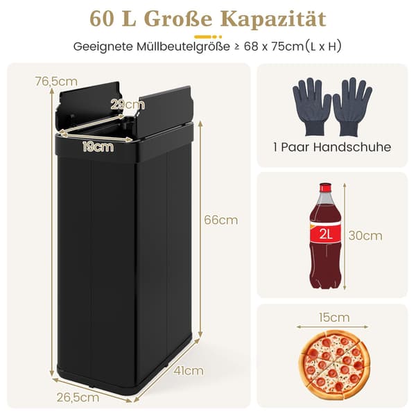 60L berøringsfri sensorsøppelbøtte, rustfritt stål, svart