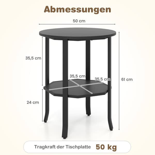 Rundt sidebord med 2 hylder, sort metal