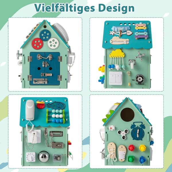 Trälekstuga med sensoriska spel och förvaring för barn