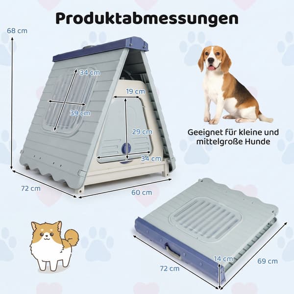 Udendørs hundehus, ventilerede vinduer, foldbart, blåt