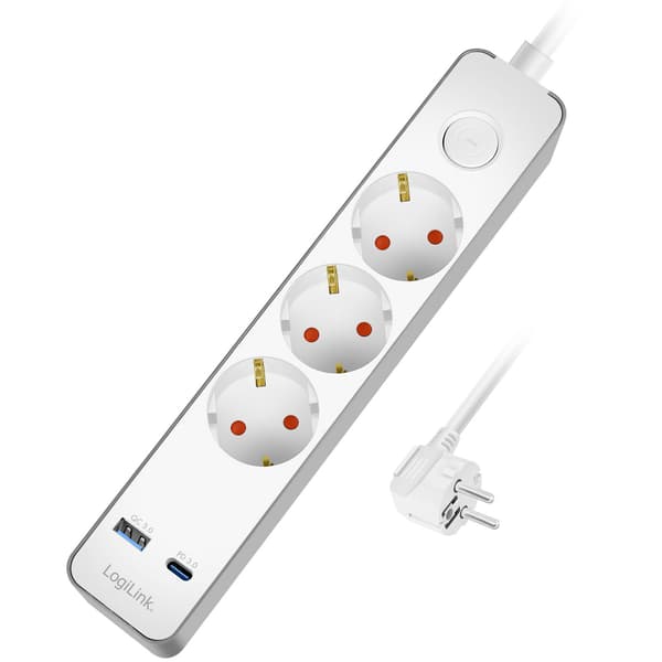 Strømskinne 3-veis + USB-A/USB-C PD 20W, 1,4m, Hvit