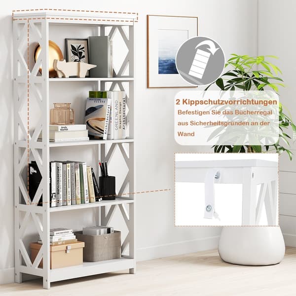 Åpen bokhylle med 5 etasjer, hvit MDF, rombedesign