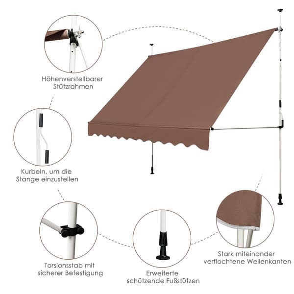 Utfällbar markis 300 cm, borrfri, UV-resistent, brun
