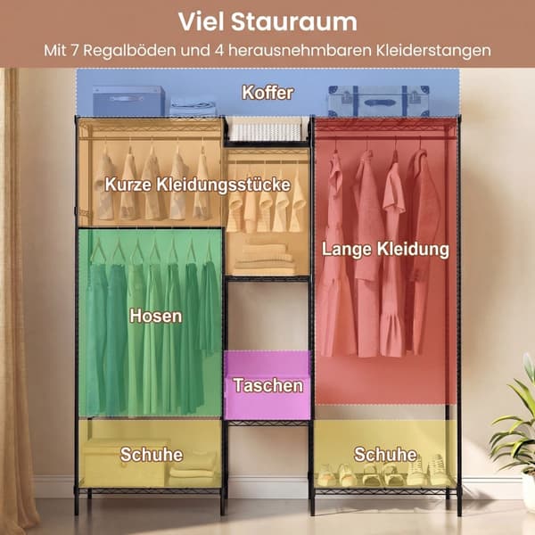 Bærbar garderobe med L-form og vandret montering, sort
