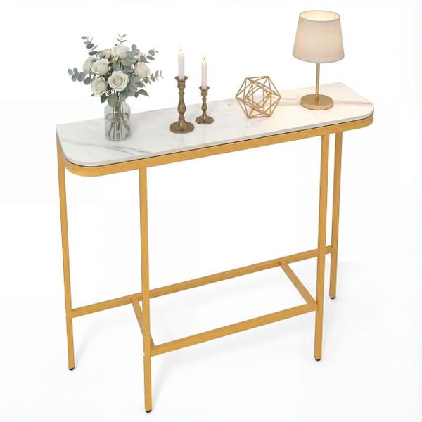 Sofakonsollbord, topp i imitert marmor, metallramme, 110 cm