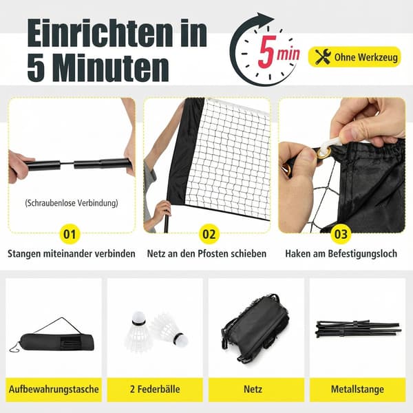 Justerbart udendørs badmintonnet med stativ, sort
