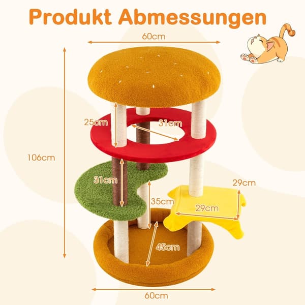 Kradsetræ med sisalstolper, platforme og seng, 106 cm