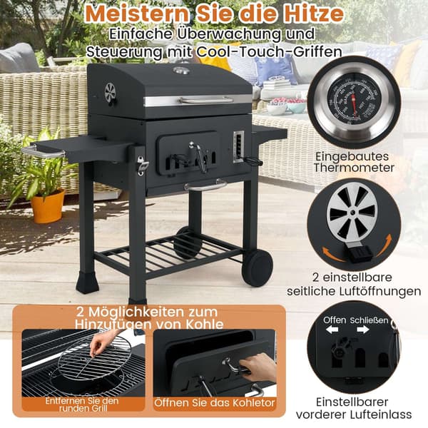 Kullgrill med sammenleggbare sidebord, justerbar høyde