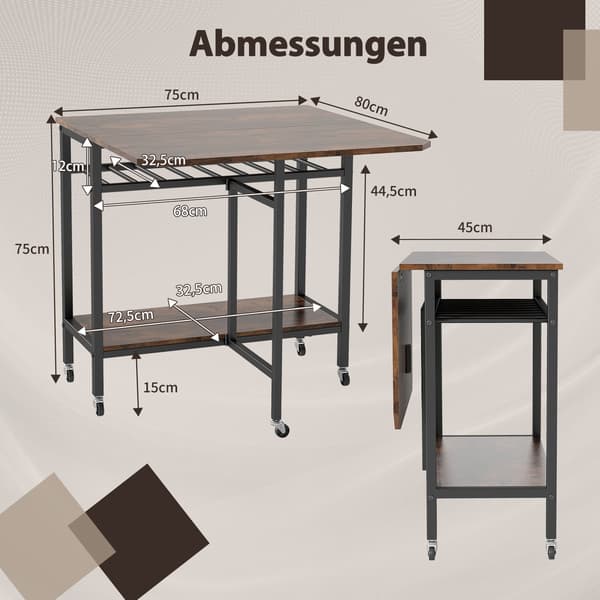 Sammenleggbart spisebord med hjul og vinstativ, rustikk brun