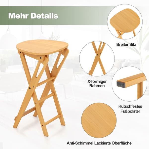 Hopfällbara barstolar i bambu, set om 2, sitthöjd 61 cm