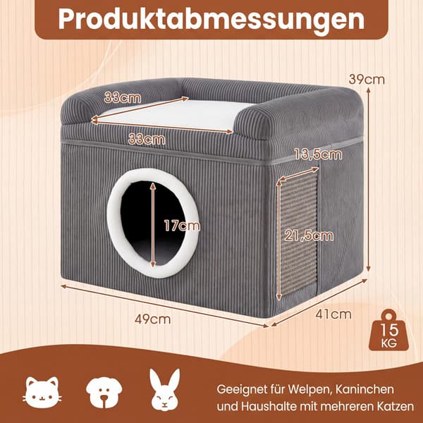 Hopfällbart katthus med sisalmatta och mjuk kudde, grå