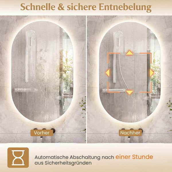 LED-baderomsspeil, 90x55 cm, antidugg, justerbart lys