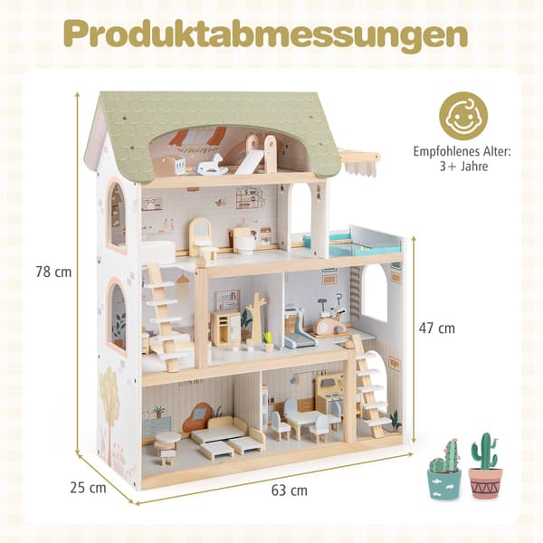 Trädockhus med 33 möbler, balkong och pool