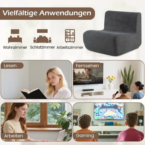 Säckstol med mjuk sammet och ergonomiskt stöd, grå