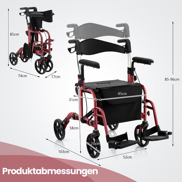 2-i-1 Rollator Gåstol & Transportstol, Rød, Sammenklappelig