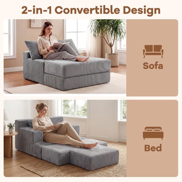 Sammenleggbar sovesofa, konvertibel lenestol, grå, 2 puter