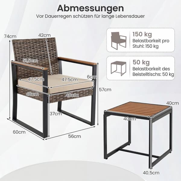 3-delt balkongmøbelsett med puter og bord