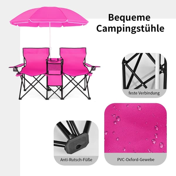 2-seters sammenleggbar campingstol med paraply, rosa