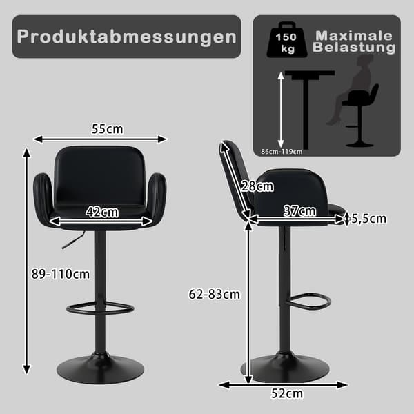 Justerbare drejebarstole, sæt med 2, sort læder
