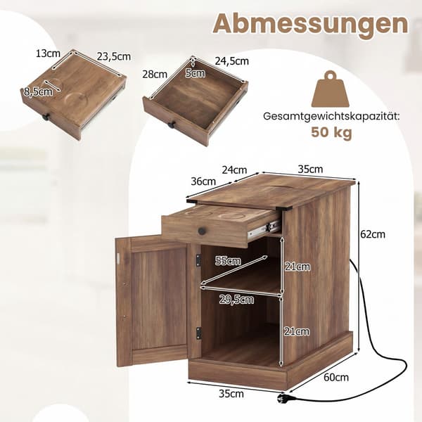 Sidebord med ladestation og justerbar hylde
