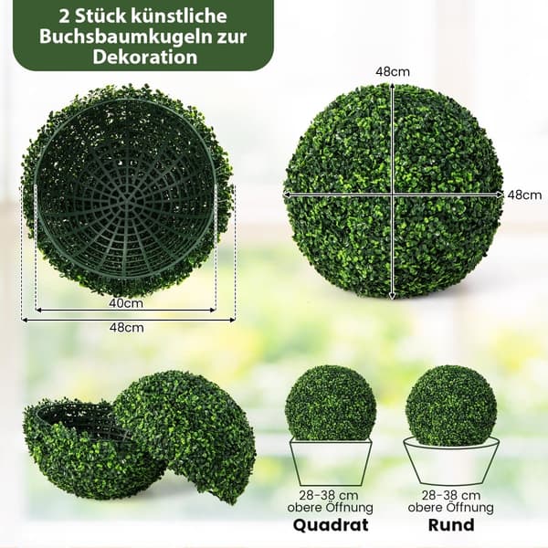 Kunstige Buksbomkugler, 48 cm, UV-resistente, sæt med 2