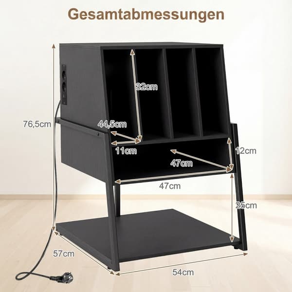 Pladespillerstativ med ladestation og hylder, sort