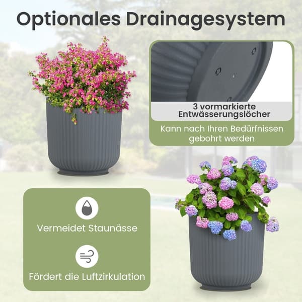 Runde plantekasser med drænhuller, sæt med 2, grå