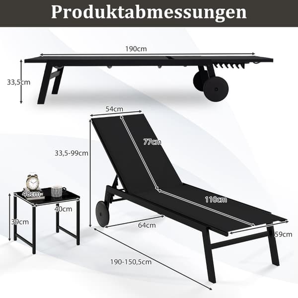 Säädettävä ulkotuoli pöydällä, musta kangas