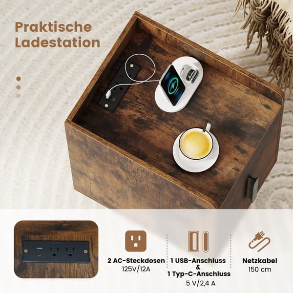 Nattbord med ladestasjon, 2 skuffer, rustikk brun
