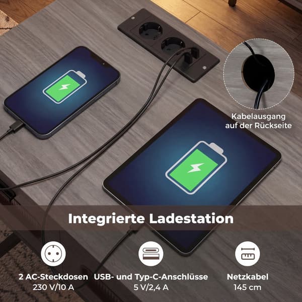 Konsolbord med LED-lys, ladestation, skuffer
