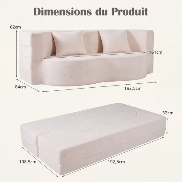 Sammenleggbar sovesofa 192,5 cm, teddyfleece, 2 puter