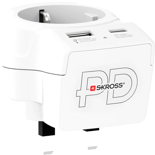EU til UK-pluggadapter, USB-A/USB-C 20W PD jordet