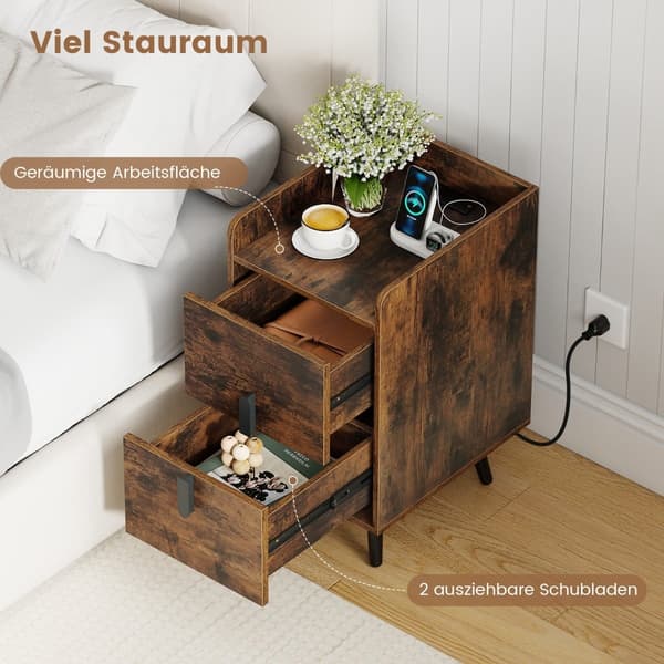 Natbord med ladestation, 2 skuffer, rustik brun