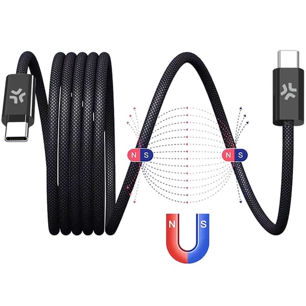 USB-C magnetisk flätad kabel, 60W, 2m, svart