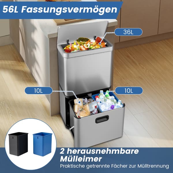 56L søppelbøtte i rustfritt stål med sensor og doble søppelbøtter