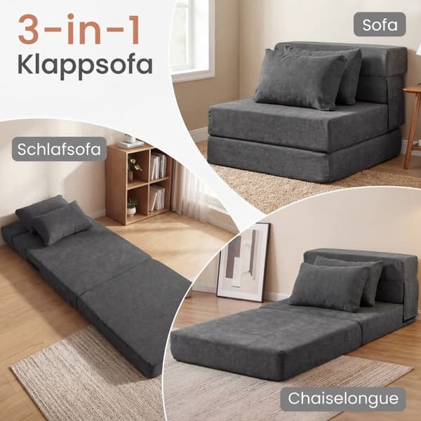 Konverterbar 3-i-1 Chenille-sovesofa med 2 puter, grå