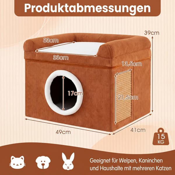 Sammenleggbart kattehus med sisal kloremette og -pute, brun